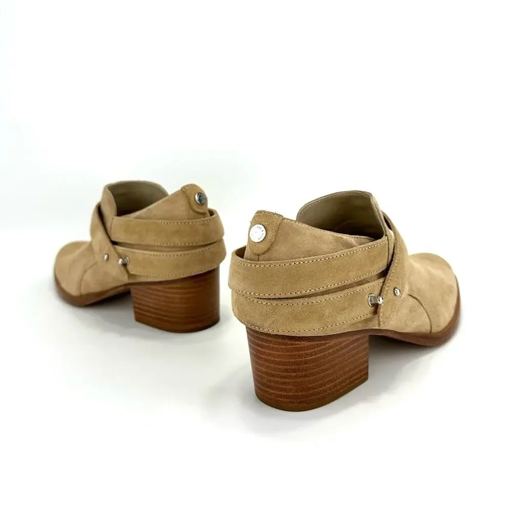Rag & Bone Harley Women Tan Moto Bootie Size 7 Italian Suede Belted Block Heel